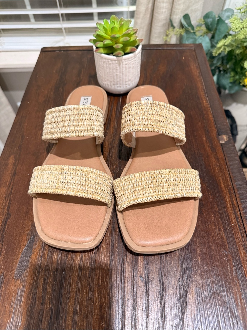 Steve Madden Woven Raffia Double Strap Slide Sandals Tan Size 8 - Picture 2 of 6